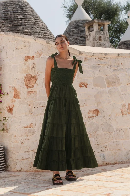 Snag the Best Prices Now!Isabella Khaki Cotton Poplin Strappy Tiered Maxi Dress