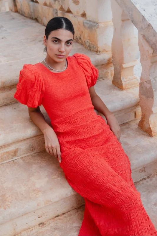 Huge Price Cuts Await!Jade Blood Orange Puff Sleeve Ruched Maxi Dress