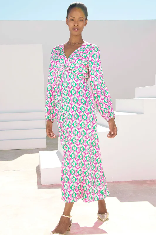 Crazy Discounts Inside!Katriona Satin Dress | Tropical Geo Green/Pink