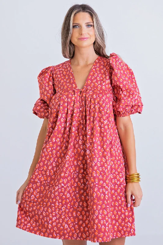 Score Big Savings Today!Leopard Poplin Puff Sleeve Dress