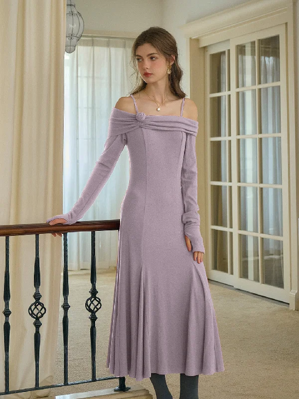 Hurry! While Supplies Last!Lucille Elegant Off-Shoulder Rose Mid Dress (with Ribbon)-Purple