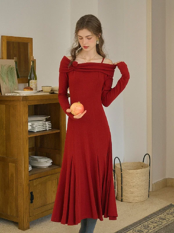 Shop More, Spend Less!Lucille Elegant Off-Shoulder Rose Mid Dress (with Ribbon)-Red