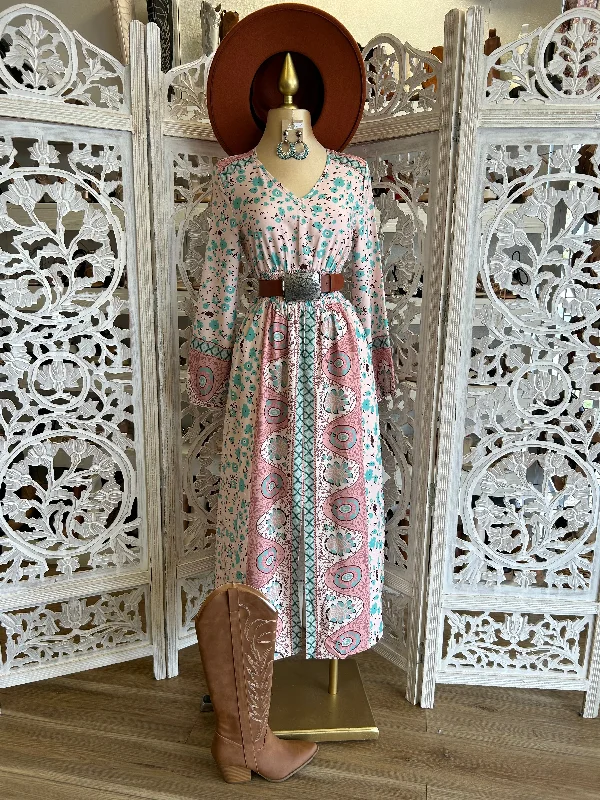 The Best Deals Won’t Wait!Multi Pattern Smocked Waist Maxi Dress- Not Stretchy