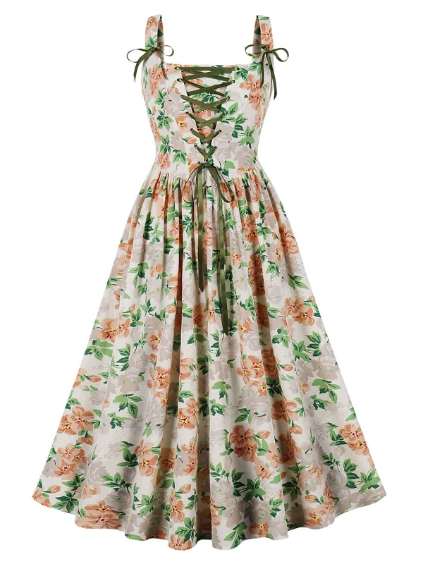 Don't Miss Out!Multicolor 1950s Lace-Up Floral Dress
