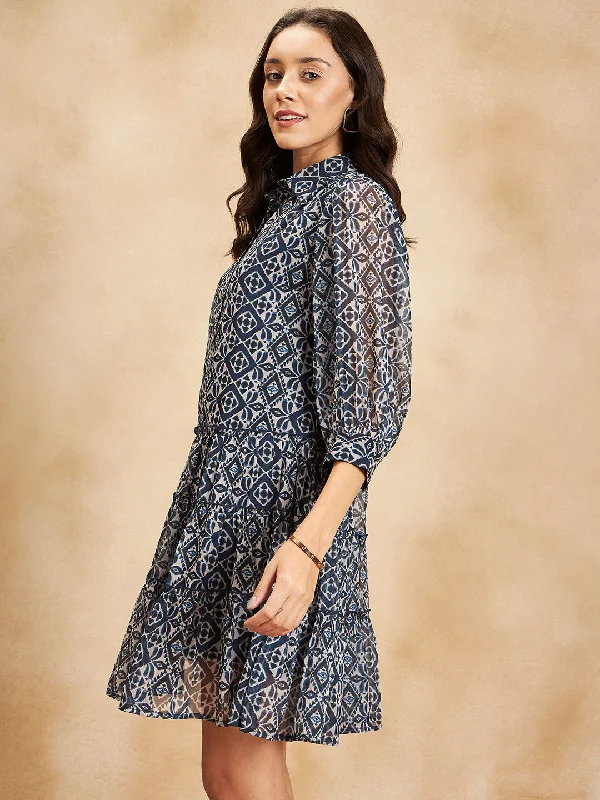 The Best Deals Won’t Wait!Navy Aztec Printed Tiered Knee Length Dress