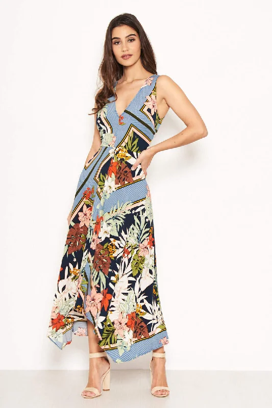 Limited Stock Available!Navy V-Neck Tropical Maxi Dress