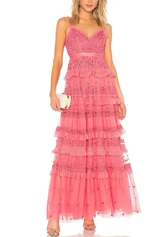 Special Discounts Inside!Coral Red Iris Tiered Maxi Dress