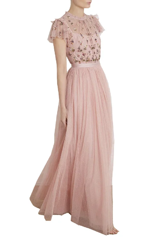 Savings You Can’t Ignore!Pink Rococo Floral Embellished Tulle Maxi Dress