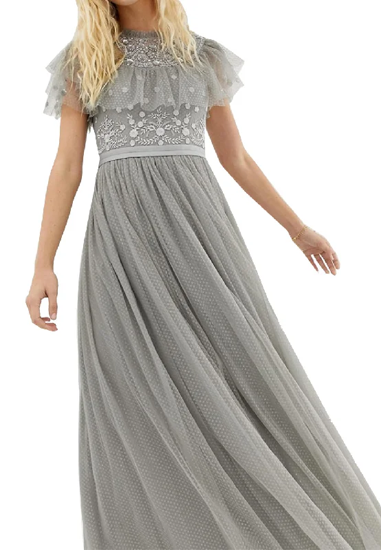 Time to Save Big!Silver Floral Embroidered Dotted Tulle Maxi Dress