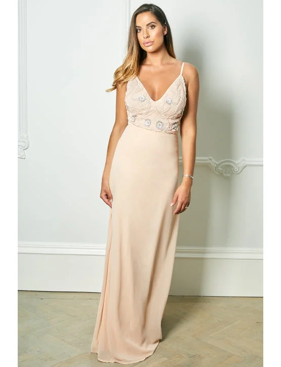 Limited Edition, Limited Price!Nude Strappy Embroidered Bodice Maxi Dress
