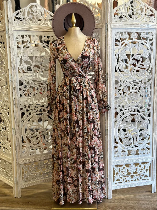 Hot Deals You Can’t Resist!Black Multi Floral Wrapped Maxi Dress- Slightly Stretchy