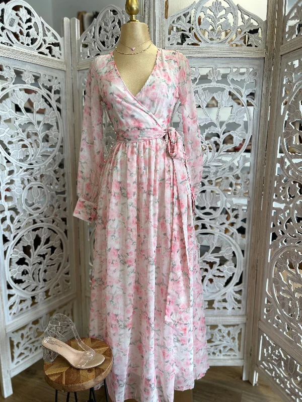 Your Dream Deal is Here!Pink Floral Wrapped Maxi Dress- Slightly Stretchy