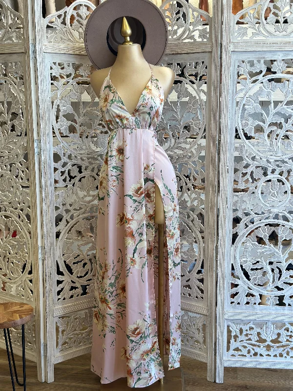 Your Shopping Spree Starts Here!Pink Pattern Open Back Maxi Dress- Slightly Stretchy