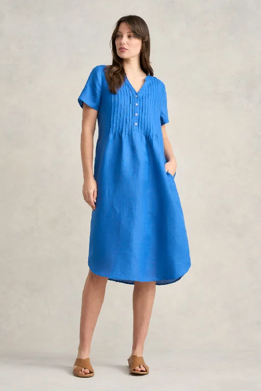 Find Your Perfect Deal Today!Pleated Front French Linen Dress - Indigo Blue