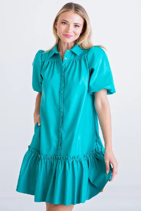 Limited Stock Available!Pleather Puff Sleeve Dress