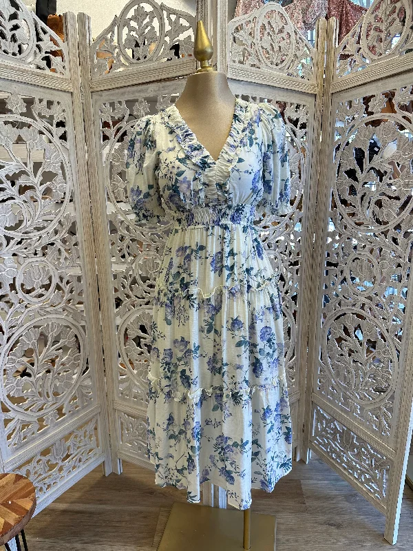 Huge Savings – Act Now!Blue Puff Sleeve Ruffle Floral Maxi Dress