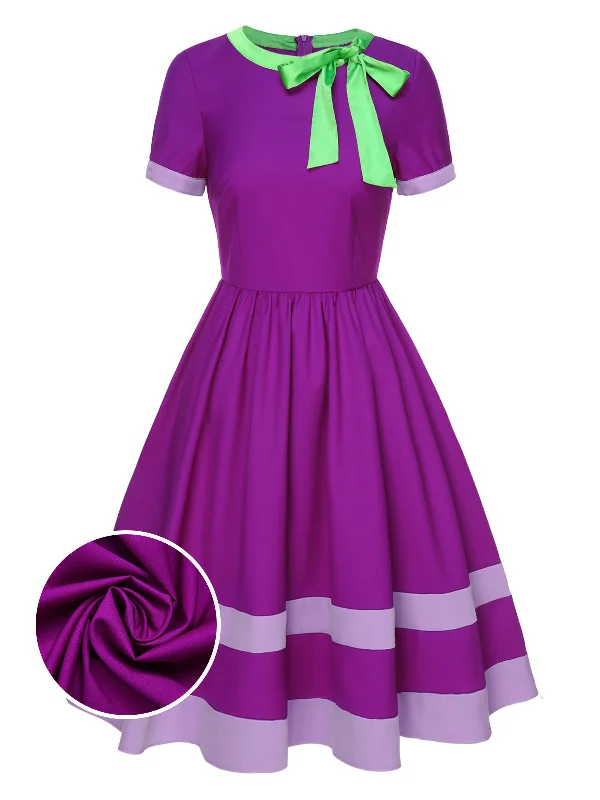 Seasonal Sale – Shop Now!Purple 1950s Solid Spliced Tie Neck Dress