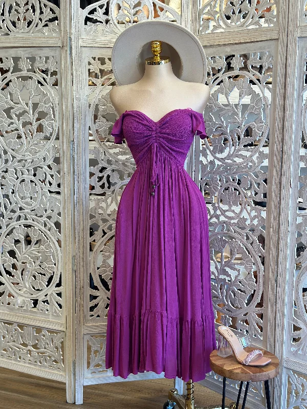 Seasonal Sale – Shop Now!Purple Smocked Linen Maxi Dress- Estira, Stretchy