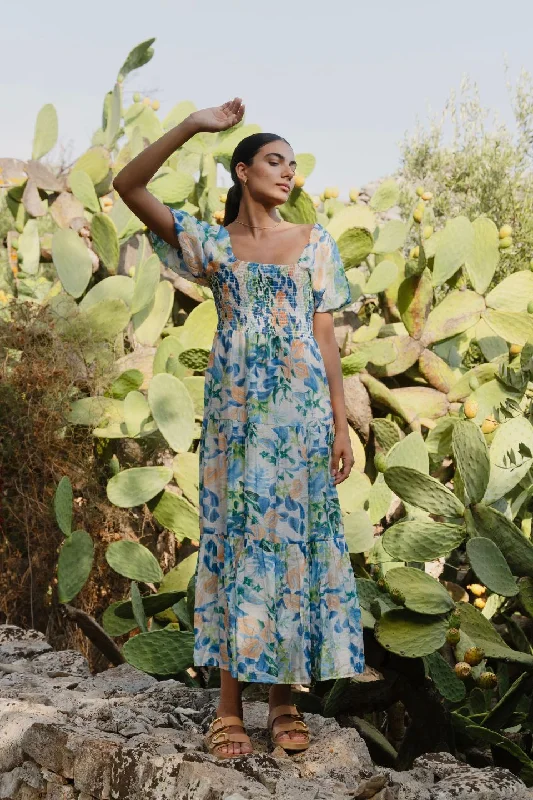 Bigger Savings, Better Shopping!Raven Blue Orange Tropical Puff Sleeve Tiered Maxi Dress