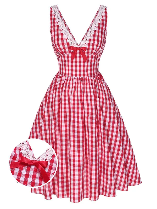 Unlock Huge Savings Now!Red 1950s Lace V-Neck Plaid Dress