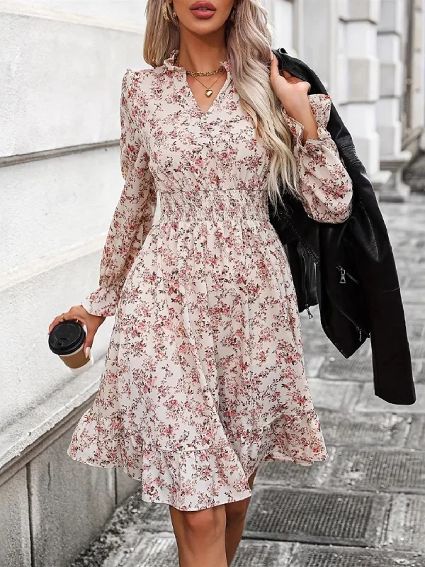 Crazy Discounts Inside!Ruffle Hem Floral Surplice Long Sleeve Dress