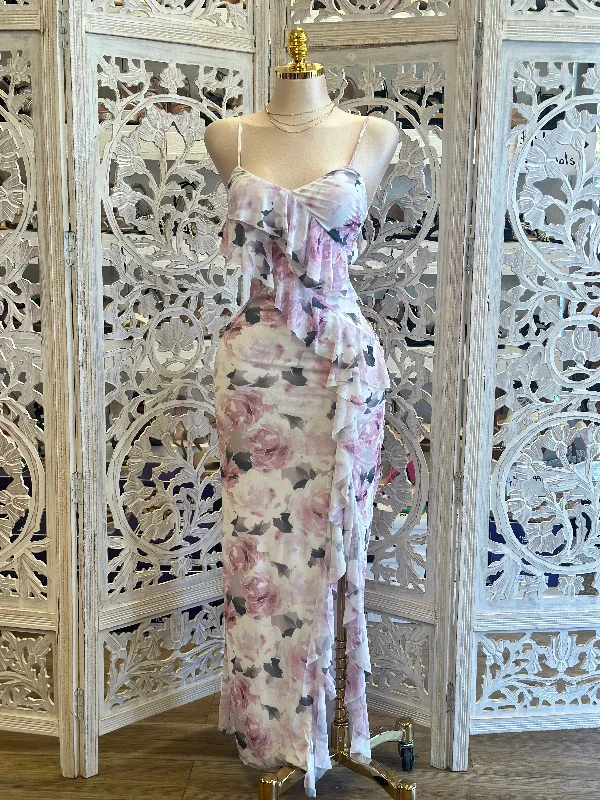 Only a Few Left – Order Now!Ruffle Lavender Floral Maxi Dress- Stretchy, Estira