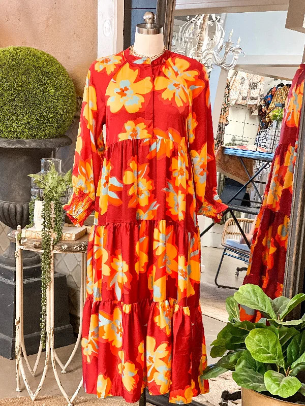 Steals and Deals Await!SATIN FLORAL MAXI DRESS W/ BALLOON SLEEVES