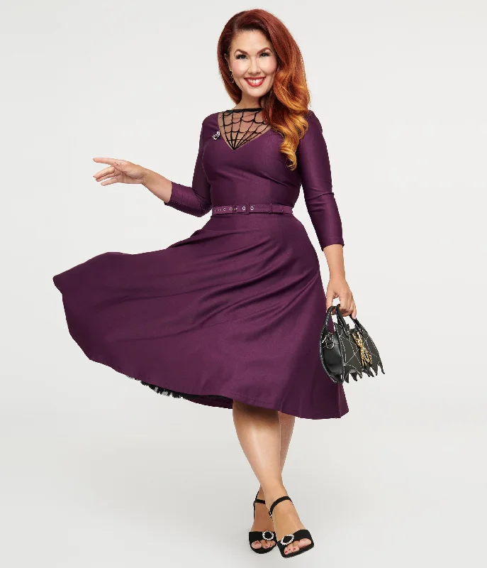 Incredible Savings Inside!Unique Vintage 1950s Eggplant & Black Spiderweb Devon Swing Dress