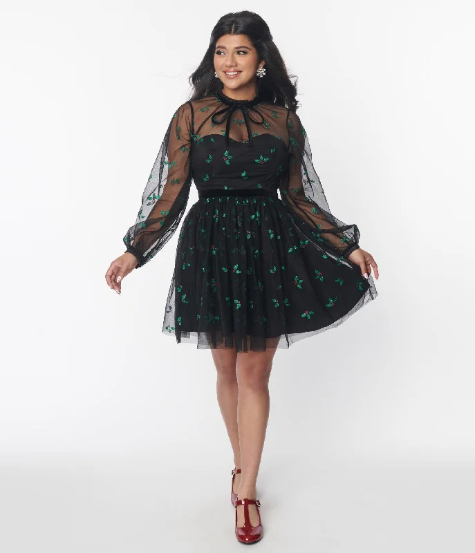Stock Up and Save!Unique Vintage Black & Glitter Mistletoe Flare Dress