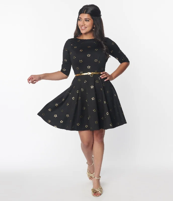Exclusive Savings This Week!Unique Vintage Black & Gold Star Fit & Flare Dress