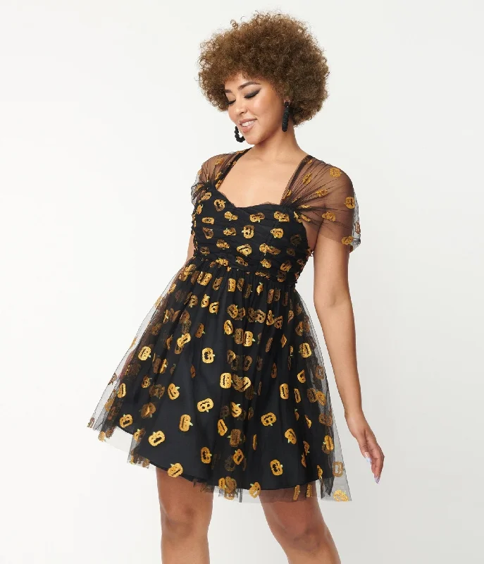 Incredible Savings Inside!Unique Vintage Black & Pumpkin Print Babydoll Dress