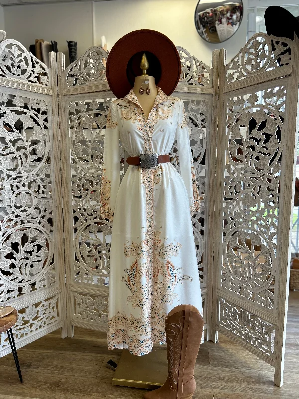 Save Up to 50% Off!White Multi Pattern Button Down Pattern Maxi Dress- Slightly Stretchy
