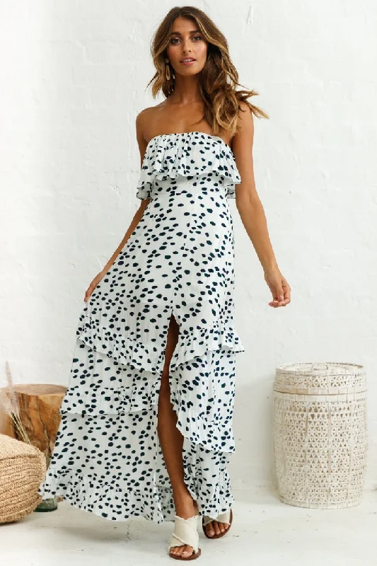 Save Like Never Before!Zulu Frill Bust Front Split Maxi Dress Animal Print White