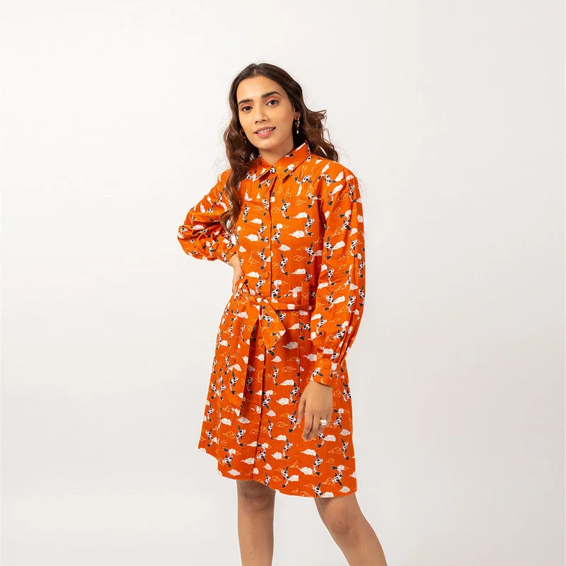 Huge Savings – Act Now!100% Cotton Orange Printed Shirt Dress