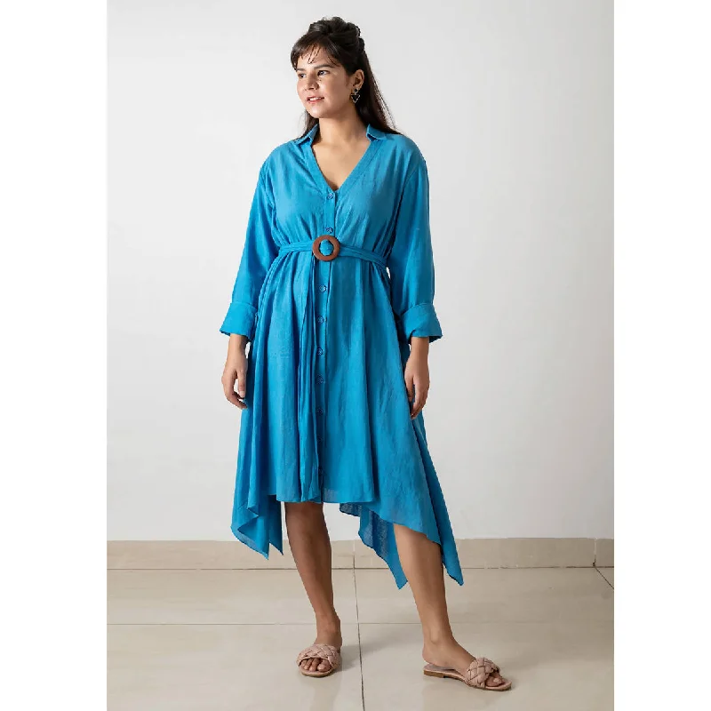 Enjoy Huge Discounts Now!Pure Cotton Asymmetric Shirt Dress | Blue