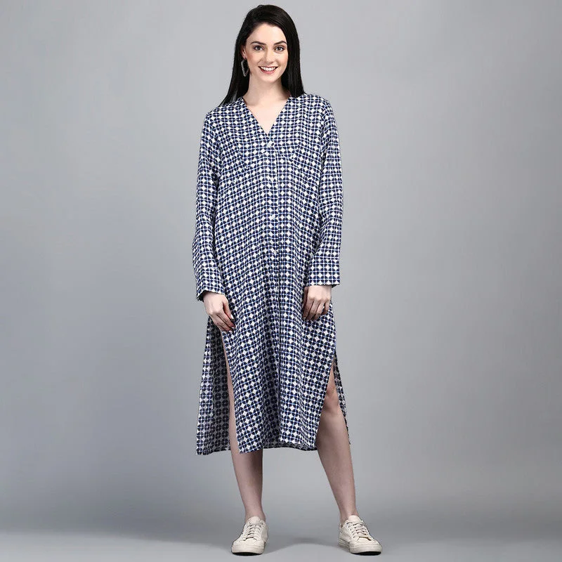 Best Offers of the Month!Pure Linen Printed Shirt Dress | Side Slits | Blue & White Best Offers of the Month!Pure Linen Printed Shirt Dress | Side Slits | Blue & White