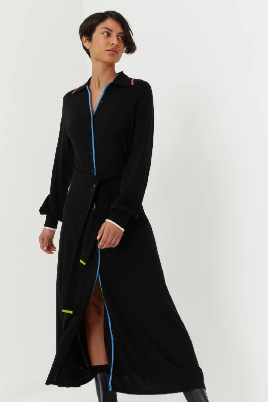 Limited Time Offer!Black Merino Wool Belted Shirt Dress