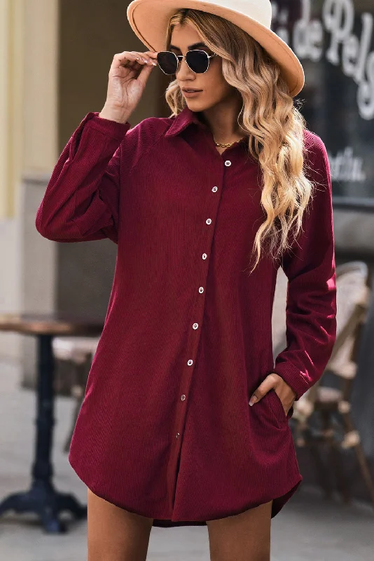 The Best Deals Won’t Wait!Button Front Curved Hem Raglan Sleeve Shirt Dress