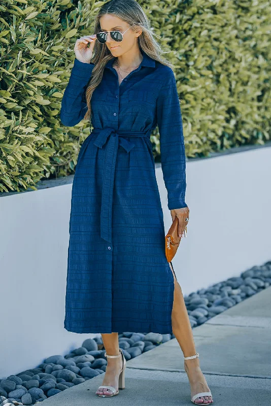 Buy More, Pay Less!Button Front Textured Slit Shirt Dress with Belt