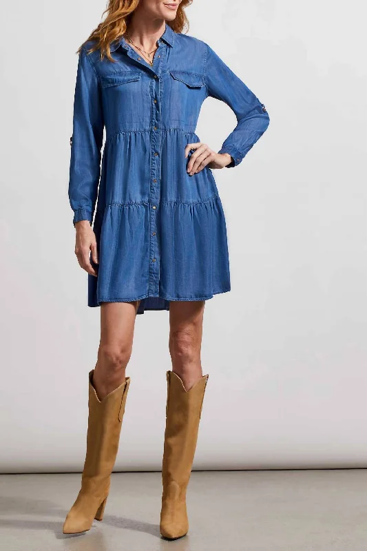 More Discounts, More Joy!Chambray Roll-Sleeve Shirt Dress In Blue