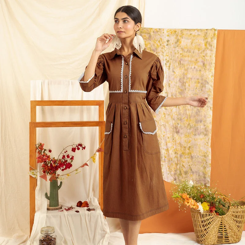 Get It Before It’s Gone!Cotton Calf Length Shirt Dress | Brown