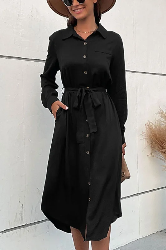 Special Offer – Act Fast!Curved Hem Belted Long Sleeve Shirt Dress