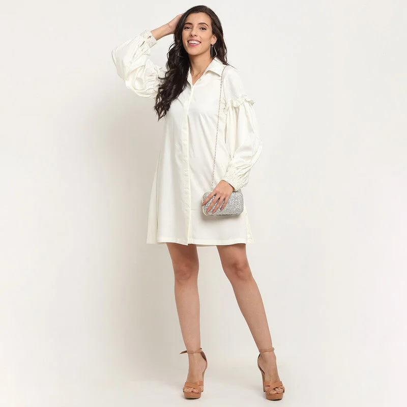 Your Chance to Save is Now!Tencel Embroidered Cuff Shirt Dress | Off White