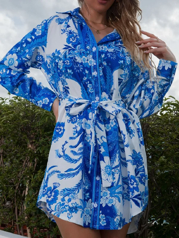 Shop Early, Save Big!Floral Tie-Waist Curved Hem Shirt Dress