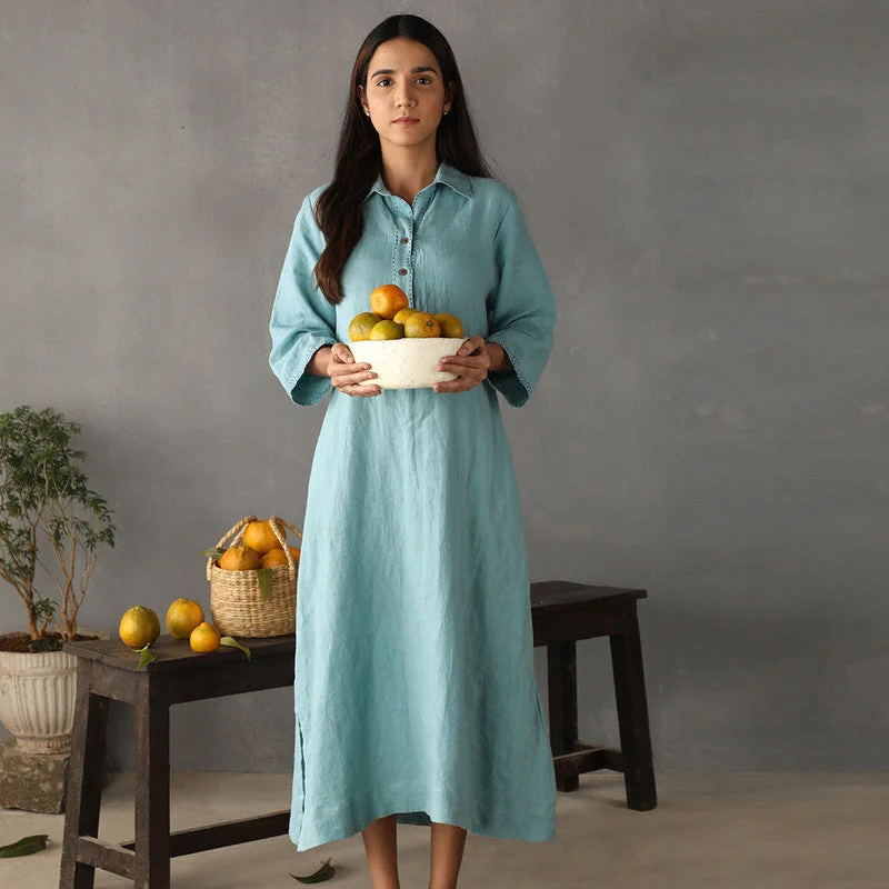 Hottest Discounts of the Year!Pure Linen Shirt Dress | Blue