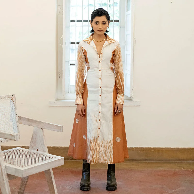 Your Shopping Wish, Our Discount Command!Handwoven Chanderi Silk White & Ochre Square Shirt Dress Your Shopping Wish, Our Discount Command!Handwoven Chanderi Silk White & Ochre Square Shirt Dress