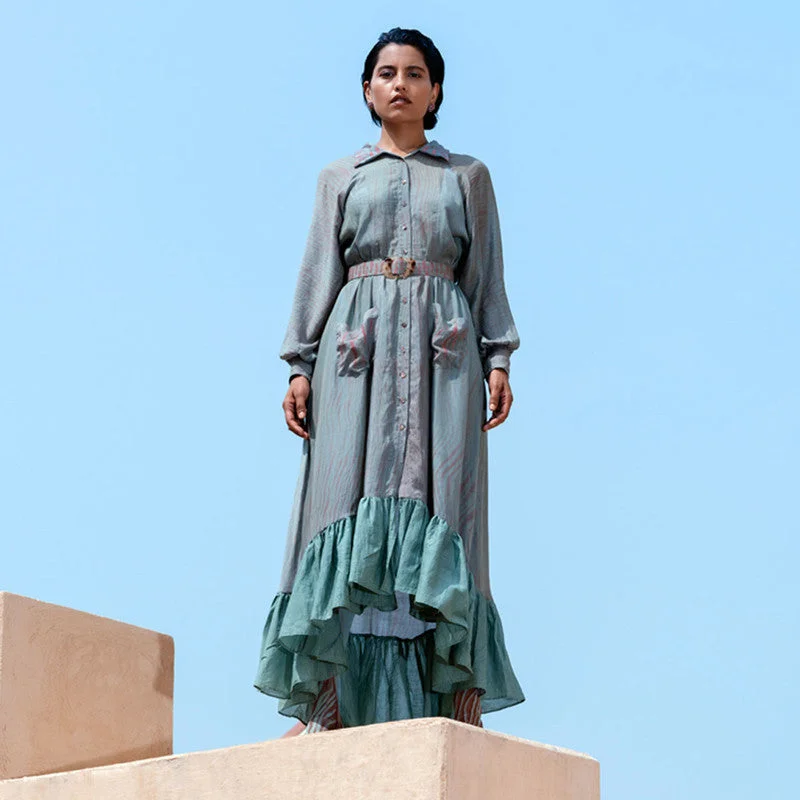 Shop Now and Save!Handwoven Cotton Silk Green Asymmetrical Shirt Dress