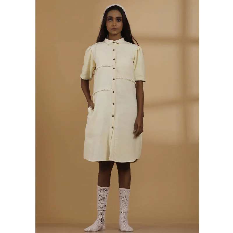 Save More Than Ever!Handwoven Shirt Dress with Puff Sleeves | Ecru