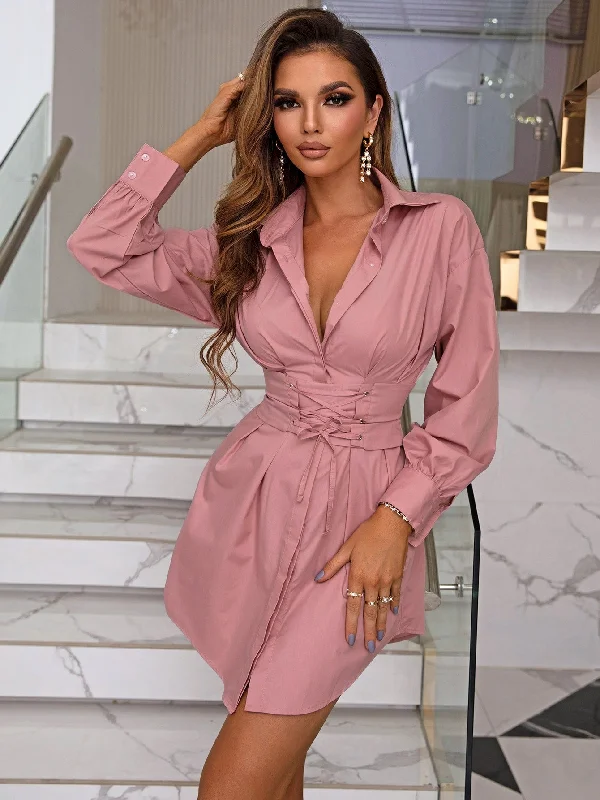 Steals and Deals Await!Lace-Up Dropped Shoulder Shirt Dress