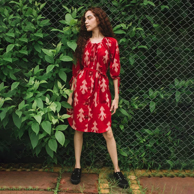 The Best Offers Are Here!Handwoven Cotton Shirt Dress | Ikat Print | Red
